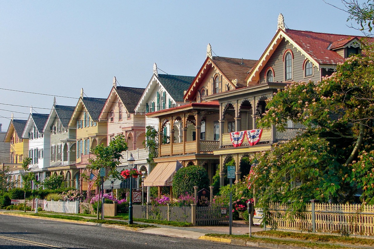 cape may, new jersey, nature, houses, street, town, outside, trees, sky, clouds, hdr